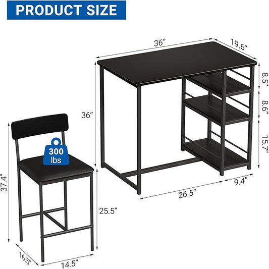 GAOMON Dining Table Set for 2, Counter Height Kitchen Table and Chairs, Tall Bar Table Set with 2 Upholstered Bar Stools, 3 Piece Dining Room Table Set for Small Space, Apartment, Black