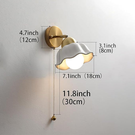 Pull Chain Sconce Light Vintage Ceramic Wall Lamp with Pull Chain Switch White Glass Shade Gold Brass Sconces Ceramic Lighting Fixture for Bedroom Living Room Study Aisle