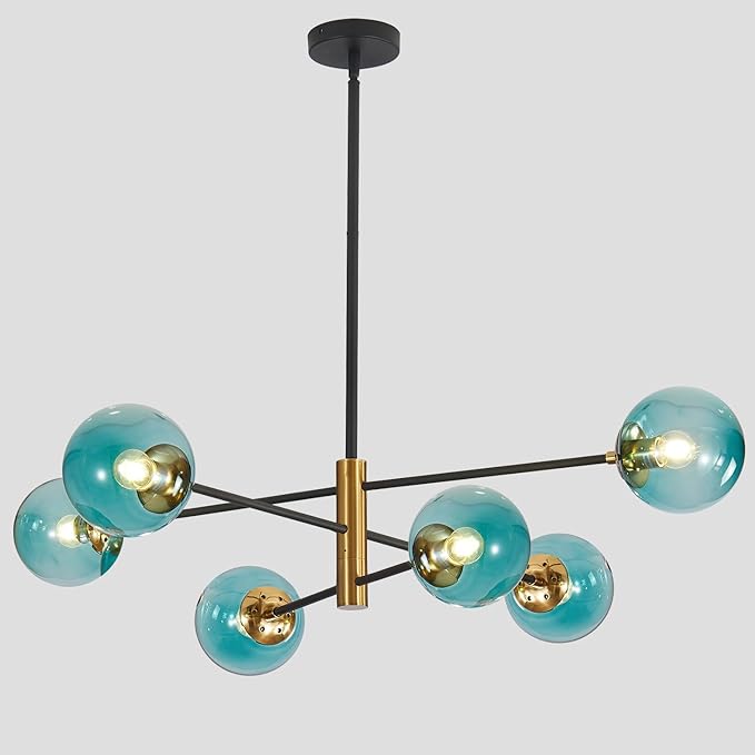 BOKT Modern 6-Lights Blue Glass Ball Sputnik Chandelier Mid-Century Black Gold Flush Mount Chandelier Vintage Large Globe Sputnik Chandelier Kitchen Island Pendant Light