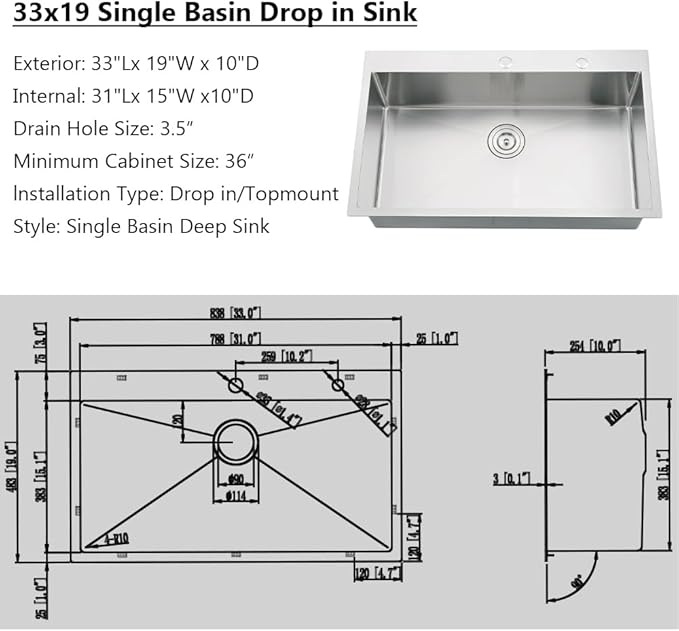 33 Inch Drop in Kitchen Sink, 33x19 Kitchen Sink Drop In Stainless Steel Top Mount Sinks 16 Gauge Single Bowl Deep Basin with Drain Strainer