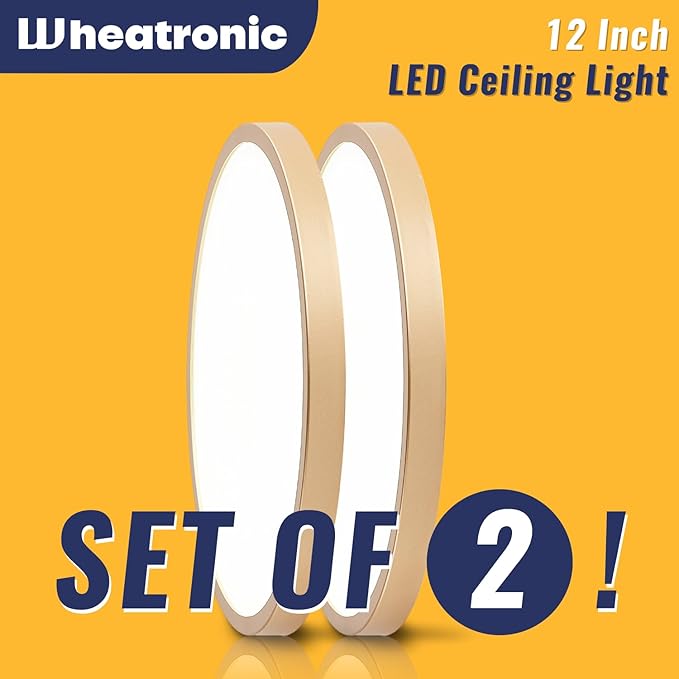 Gold LED Flush Mount Ceiling Light Fixture, 12inch 28W 5000K LED Ceiling Light Set of 2, Ultra Slim Flush Mount Ceiling Lamp for Bedroom, Living Room, Dining Room, Kitchen, Hallway