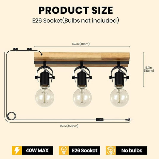SEEBLEN 3 Light Plug in Track Light,Farmhouse Plug in Ceiling Light with 14.76-Foot Cord,Rotatable Ceiling Spotlight for Kitchen Dining Room Cabinet Hallway Living Room(No Bulb)