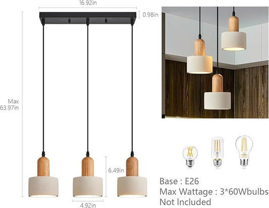 Modern Cement Pendant Lights White Chandelier Wooden Ceiling Lamps for Kitchen Island Bedroom Dining Room Living Room bar(3-Light)