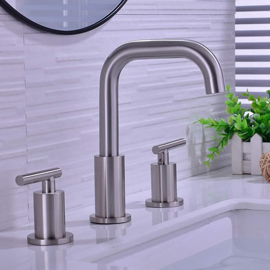 TRUSTMI Brushed Nickel Bathroom Faucet 3 Hole, Brass, 8 to16 Inch Widespread Bathroom Vanity Sink Faucet with Overflow Drain and cUPC Water Supply Lines, Swivel Spout