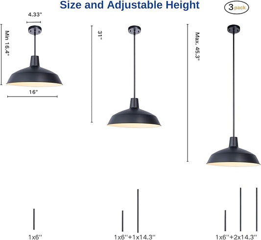 3 Pack Modern Black Kitchen Island Pendant Light 16 inches Metal Shade White inside Finish Gold Accent,Multiple Stems Rods Adjustable Hanging Height Ceiling Lamp E26 for Dining Room Hallway