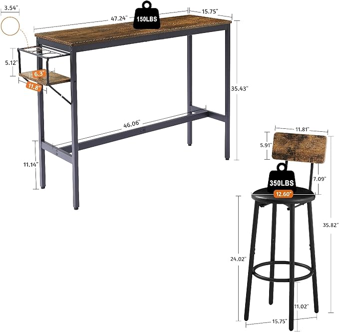 Wycian Kitchen Island Table, Bar Height Outdoor Table 3PCS Particle Board Rustic Brown with Wine Bottle Storage Rack Living Room Bedroom