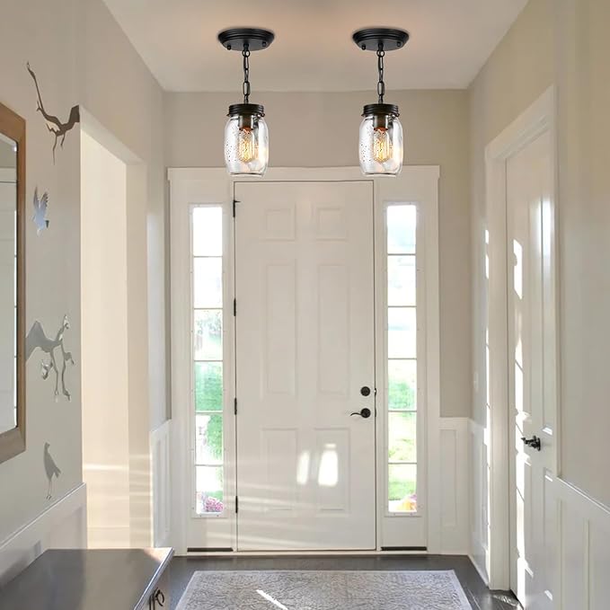 2 Pack Mason Jar Light Fixtures, 1-Light Kitchen Island Light Glass Jar Chandelier Farmhouse Pendant Lighting Fixture Close to Ceiling for Dining Room Sink Barn Foyer Stairway
