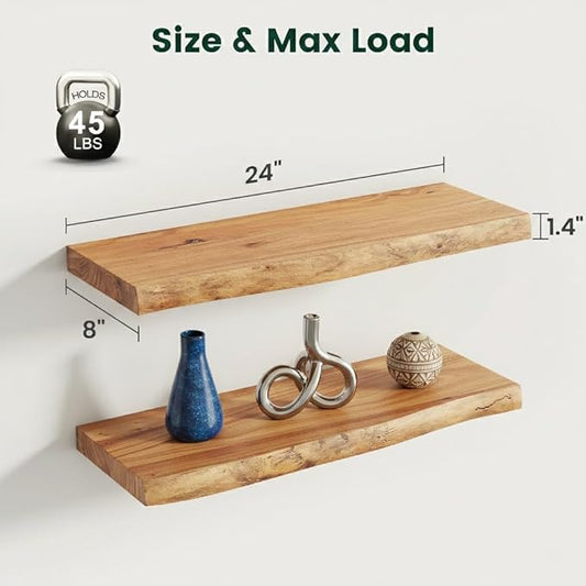 24 Inch Live Edge Floating Shelves, 8 Inch Deep Solid Elm Wood Wall Shelf, Heavy-Duty Wall Mounted Shelf with Invisible Brackets for Living Room, Bathroom, Kitchen, Set of 2, Natural Color