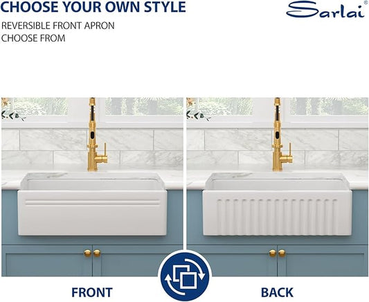Sarlai 30 Farmhouse Sink White - 30 x 18 Inch Kitchen Sink Apron Front Reversible White Ceramic Porcelain Fireclay Single Bowl Farm Sinks Basin