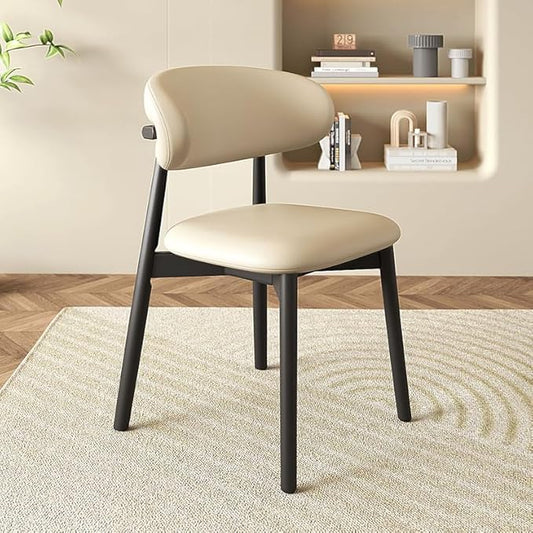 Farmhouse Dining Chairs, French Country Wooden Dinner Chairs with Curved Backrest Oak Frame,Rustic Upholstered Kitchen Chair for Living Room Vanity Lounge,4PCS Ebony/Beige Leather