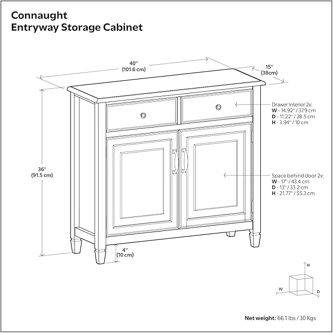 SIMPLIHOME Connaught 40-inch Wide Solid Wood Storage Cabinet in White for Entryway, Living Room, Organizer for Hats, Gloves, Shoes, Keys, Slim Design, Traditional Style