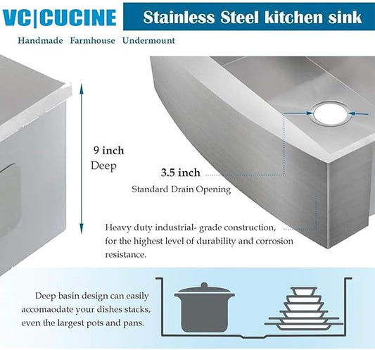 VCCUCINE Farmhouse Sink, 30x22 Inch Stainless Steel Farmhouse Kitchen Sink, Undermount Drop in Single Bowl Basin Apron Sink, Brushed Nickel Farm Sink With Strainer
