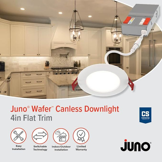 Juno LED Recessed Lights 4 Inch Round Baffle Wafer Downlight, 5-in-1 Switchable White Color Temperature, Adjustable Brightness, 120 Volts, 4-Inch Flat Trim, Matte White (12-Pack)