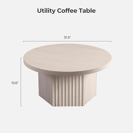 SICOTAS 32" Modern Round Coffee Table, Mid Century Fluted Coffee Table with Storage, Accent Center Table for Living Room, Small Space, Apartment, White Alder
