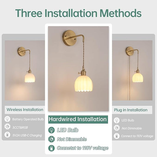 Shenmoyl Vintage Wall Sconce with White Tulip Shade Pattern Glass Adjustable Chain Retro Gold Wall Mounted Light, Modern Wall Lamp Fixtures Decor for Bedside Bedroom Indoor Doorway