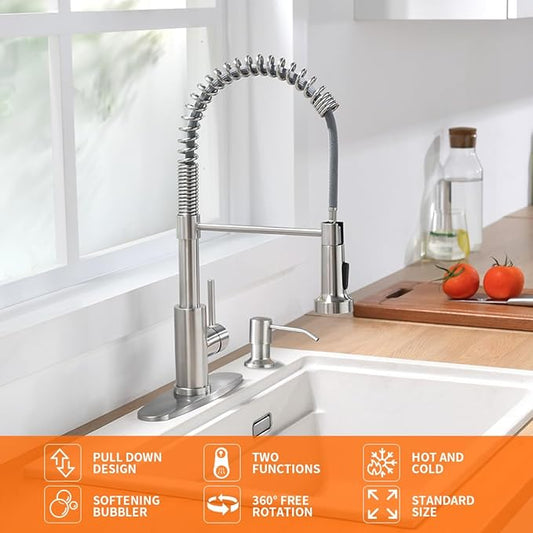 OWOFAN Kitchen Sink Faucet with Soap Dispenser, Kitchen Faucet with Pull Down Sprayer Stainless Steel Single Handle High Arc Pull Out Brushed Nickel Faucet for Bar Laundry RV Utility Sink