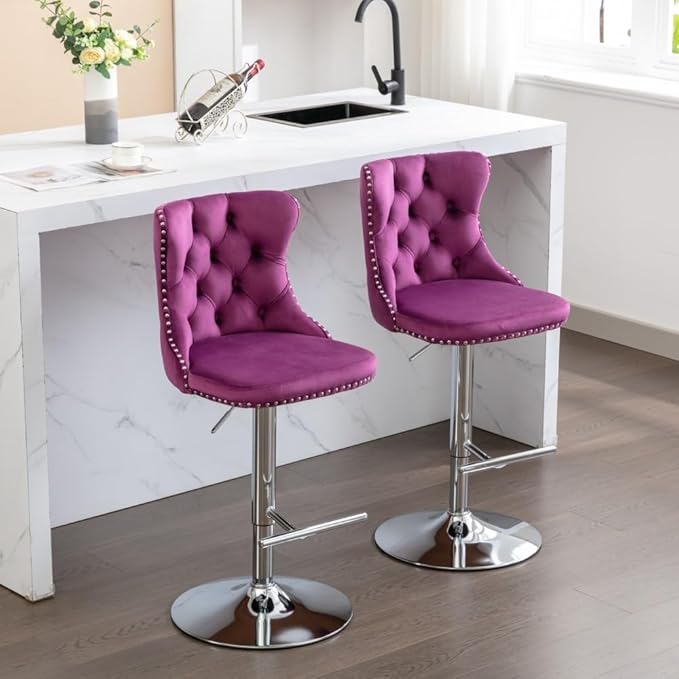 17.7 inch Base, Modern Upholstered Bar Stools with Backs Comfortable Tufted for Home Pub and Kitchen Island,Gray,Set of 2 (Purple + Velvet + Foam)