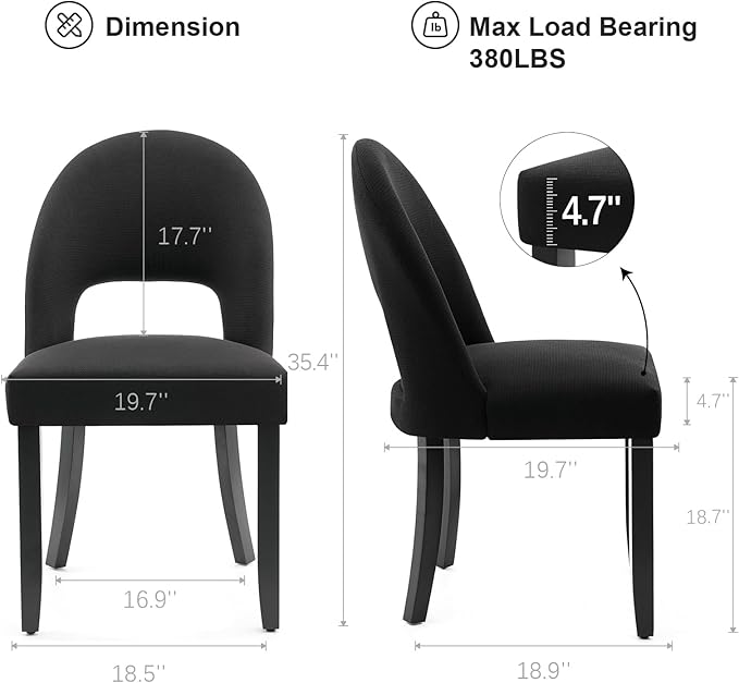 Wooden Dining Chairs Set of 6, Modern Farmhouse Upholstered Kitchen Side Chairs, Dining Room Chairs with Linen Fabric & Open Backrest, Rubberwood Legs, Black