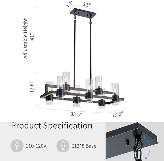 WUZUPS Island Rectangle Chandelier 8-Light with Clear Glass Industrial Modern Farmhouse Linear Light Fixture for Dining Room Kithen Island, Width 33.5" Height 12.6", Black
