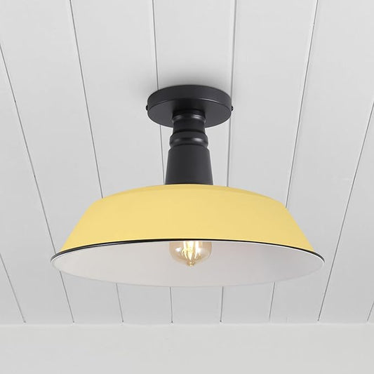 JONATHAN Y 14" Matte Yellow/Black 1-Light Industrial LED Semi Flush Mount Ceiling Light for Porch, Kitchen, Entryway, Modern Farmhouse Iron Fixture, White Metal Shade, LED Bulb Included (JYL7617H)
