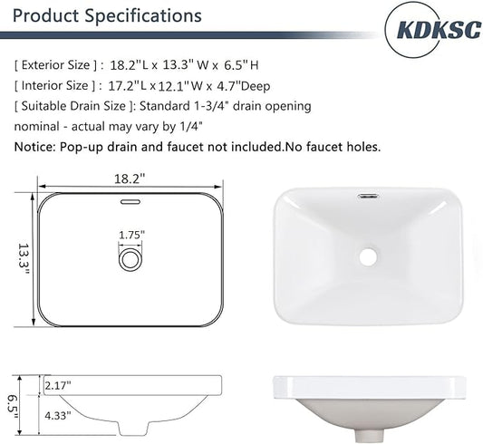 Bathroom Vessel Sink 18.2'' x 13.3'' Small Semi Recessed Bathroom Sink Rectangular Drop In Sink with Overflow White Ceramic Modern Vessel Sinks for Bathroom