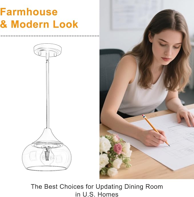 2 Pack Pendant Lights Kitchen Island, Modern Black Pendant Light Fixtures with 8.5" Clear Glass Shade, Industrial Hanging Pendant Lights Fixture for Kitchen Island Dining Room Bedroom Hallway Entryway