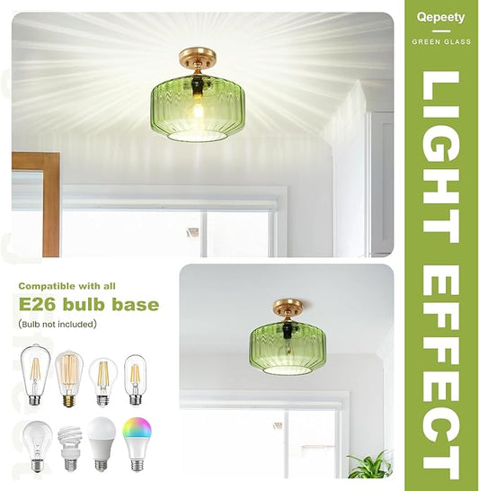 Green Semi Flush Mount Ceiling Light Fixture Vintage Antique Brass Flush Mount Overhead Light Glass Gold Chandelier for Farmhouse Closet Entryway Bathroom