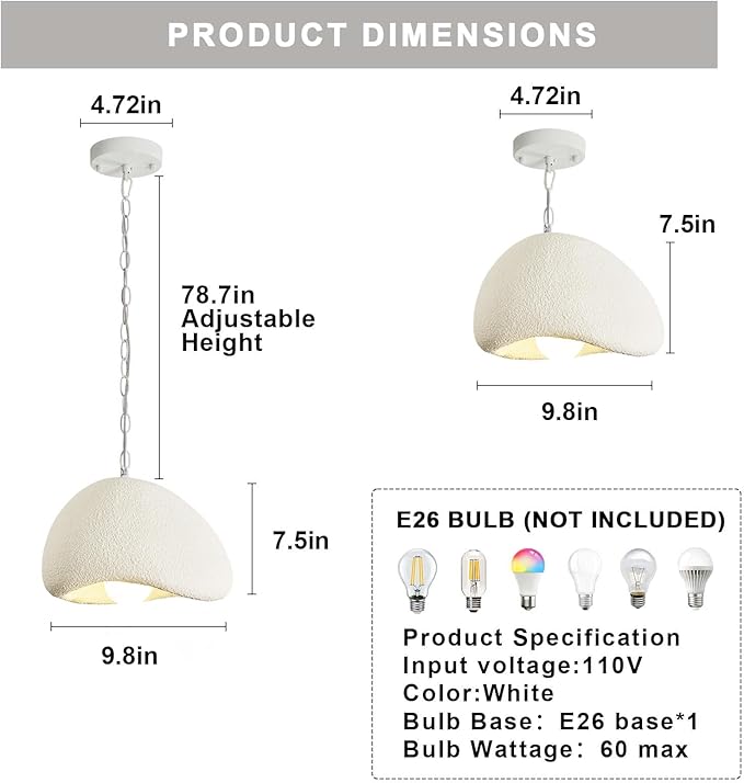 Wabi Sabi Pendant Lights,9.8in White Modern Pendant Light Resin Hanging Lamp Kitchen Island Lighting Modern Japandi Chandelier for Dining Room Bedroom Hallway Foyer