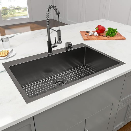 28 Drop Kitchen Sink Black Stainless Steel - Lordear 28x22 inch Gunmetal Black Kitchen Sink Drop In Stainless Steel Sink Single Bowl Gunmetal Black 16 Gauge Topmount Sink Basin