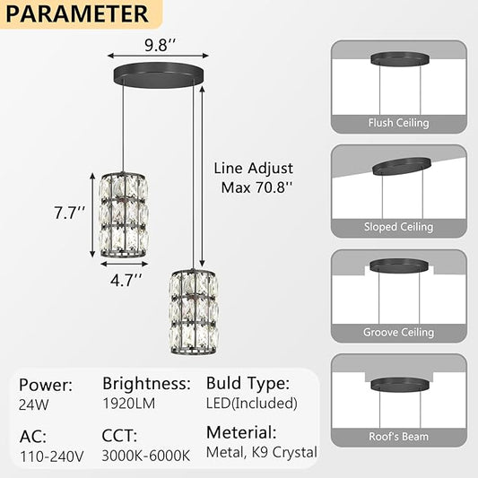 2-Lights Modern Crystal Pendant Lights for Kitchen Island LED Dimmable Glam Pendant Lighting Chandelier for Dining Room Hallway Corner Lamp Black