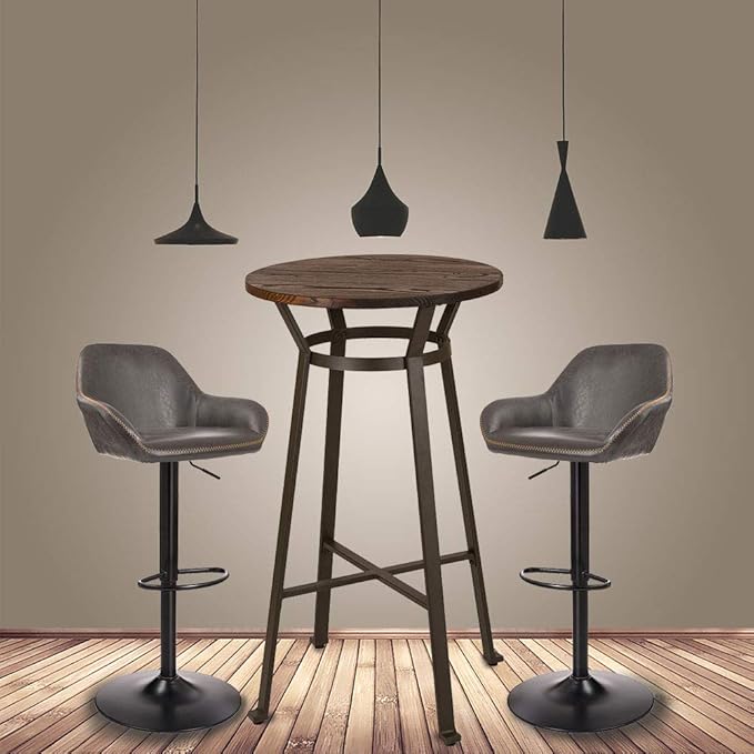 Glitzhome 3-Piece Pub Table and Chairs, Round Bar Height Adjustable Swivel PU Leather Bar Stools Set of 2, Rustic Dining Room Tables for Kitchen Island Bistro Office Living Room Small Space Restaurant