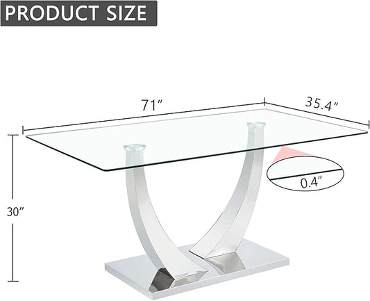 71” Glass Dining Table for 6-8, Modern Dining Room Table with 0.4” Thick Tempered Glass Top, Sturdy Silver Kitchen Table with Metal U-Shaped Legs for Kitchen Dining Room