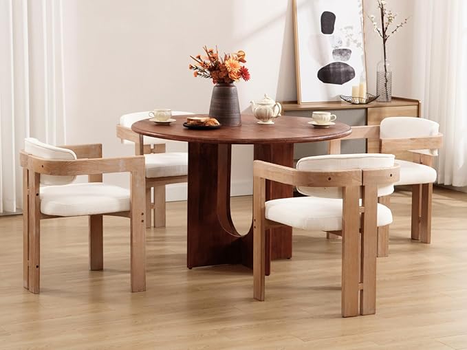 Farmhouse Dining Chairs Set of 2, Accent Barrel Kitchen Armchairs with Solid Wood Legs, Upholstered Linen Side Chairs for Dining Room/Living Room/Kitchen Island/Bedroom/Restaurant, Beige
