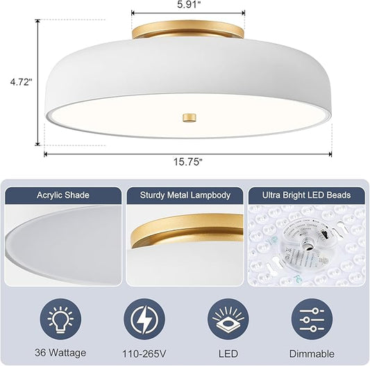 Dimmable LED Ceiling Light, White and Gold Light Fixture, Mid-Century Semi Flush Mount Ceiling Light 5CCT 2700K-6000K Ceiling Lamp for Laundry Room Kitchen, Bedroom, Hallway(15.8in)