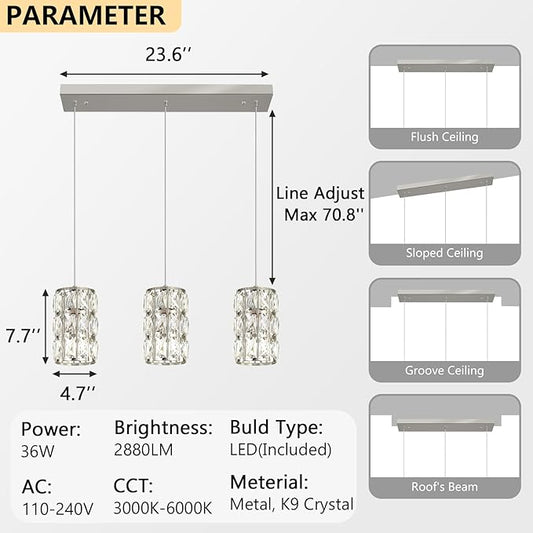 3-Lights Rectangle Modern Crystal Pendant Lights for Kitchen Island LED Dimmable Glam Pendant Lighting Chandelier for Dining Room Hallway Corner Lamp Nickel