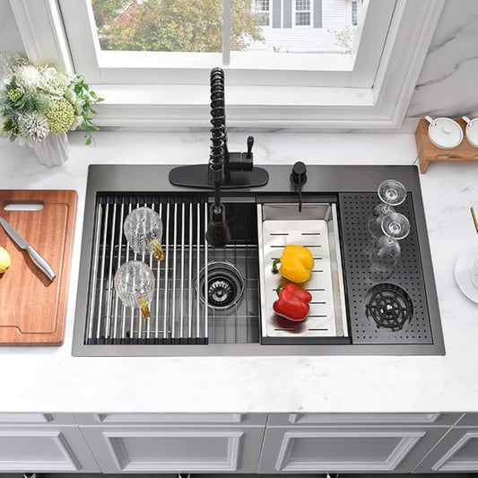 33x19 Drop In Kitchen Sink-Bokaiya 33 Inch Drop In Kitchen Sink with Cup Washer Black Stainless Steel Topmount Sink 16 Gauge Single Bowl Kitchen Sink with Cutting Board