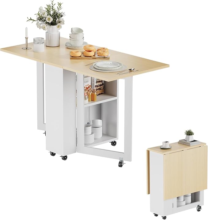 LotFun Folding Dining Table with 2-Tier Storage Racks, Movable Kitchen Dining Table with 6 Wheels, Space Saving Table for Small Spaces (2 Tier Storage Racks, White)