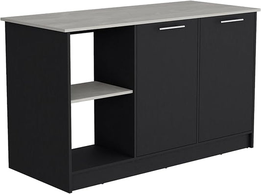 GOWE Juniper Kitchen Island with Large Top Surface, Double Door Cabinet, and Open Shelves Black/Ibiza Marble
