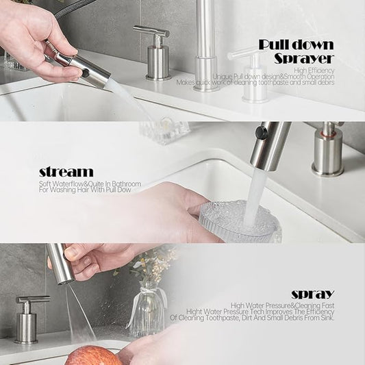 Ryuwanku Brushed Nickel Pull Down Bathroom Faucet with Pop-up Drain, 8 inch Widespread Bathroom Faucet 3 Hole with Pull Down Sprayer 2 Modes, 8'' Brushed Nickel Bathroom Faucet with Supply Lines