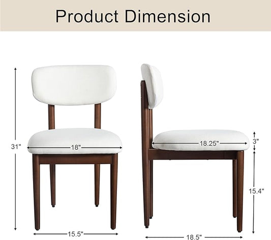 Casaphoria Upholstered Dining Chairs Set of 2, Mid-Century Modern Kitchen Chairs with Solid Wood Legs & Thick Cushion, Ergonomic Fabric Accent Chairs for Dining Room, Vanity & Office, White/Walnut