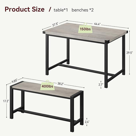 CABIHOME Dining Table and 2 Benches with Corner Protector, Dining Table Set for 4 with 2 Benches, Kitchen Table Set for 4-6 with H-Shaped Frame for Small Space, Kitchen, Apartment, Rustic Gray
