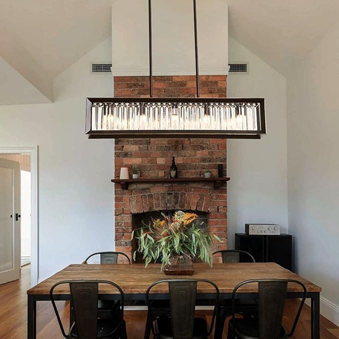 Crystal Black Chandeliers for Dining Room, Modern Linear Chandelier with 5 Light, Rectangle Farmhouse Semi Flush Mount Ceiling Pendant Light Fixture for Kitchen Island