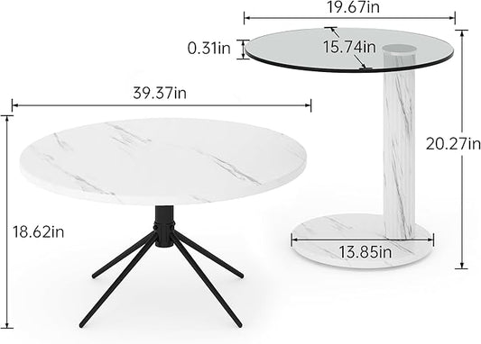 Hooseng Set of 2 Round Coffee Tables, Faux Marble Top and Modern Tempered Transparent Glass Top,Perfect for Living Room,Cafe,Home,and Office(Coffee Table+Side Table)