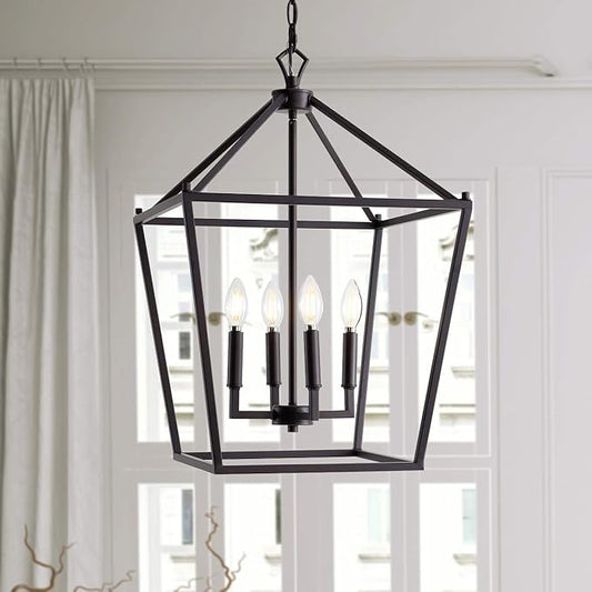 JONATHAN Y 16" Oil Rubbed Bronze Lantern Pendant Light, 4-Light Pagoda Style Metal Cage Farmhouse Hanging Ceiling Fixture for Kitchen Island, LED Bulb Included (JYL7437A)