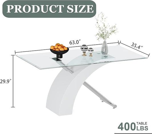 63" Rectangle Glass Dining Table, White Modern Kitchen Table with Tempered Glass Tabletop and Silver X-Shaped MDF Base, Dining Room Table for 4-6, for Kithchen, Living Room