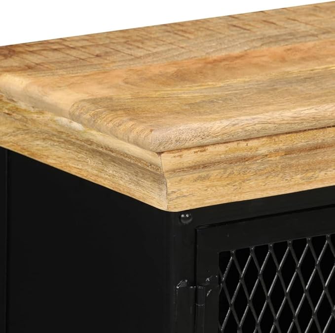 Solid Mango Wood Sideboard Cabinet, Brown and Black Industrial Finish, 23.6" Living Room Buffet with Storage, Polished Lacquered Surface Kitchen Furniture