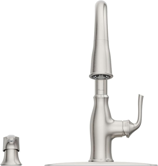 Pfister Rosslyn Kitchen Faucet with Pull Down Sprayer and Soap Dispenser, Single Handle, High Arc, NSF Certified, Spot Defense Stainless Steel Finish, F5297RSSRGS