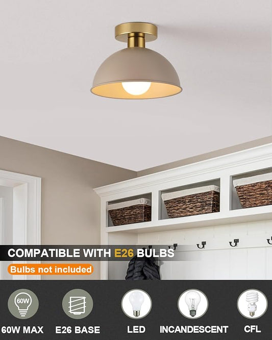 Industrial Semi Flush Mount Ceiling Light with Gold Plate and Brown Shade, Farmhouse Ceiling Light Fixture for Kitchen Island Dining Room Foyer Hallway Porch Barn Loft,10in