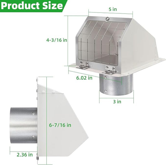 3 Inch Dryer Vent Cover Outside,Metal Exterior Vent Cover with Screen and Damper,Outdoor Dryer Vent Hood Outlet Exhaust Vent Cover Air Wall Vent Cover for House Laundry Dryer Range Hood AC-White
