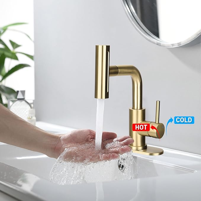2 Pack Modern Brushed Gold Bathroom Sink Faucet with 4 Mode Pull Down Sprayer, Single Handle Deck Mount, Brass Material, 1 or 3 Hole, 15" H x 1" W x 15" D